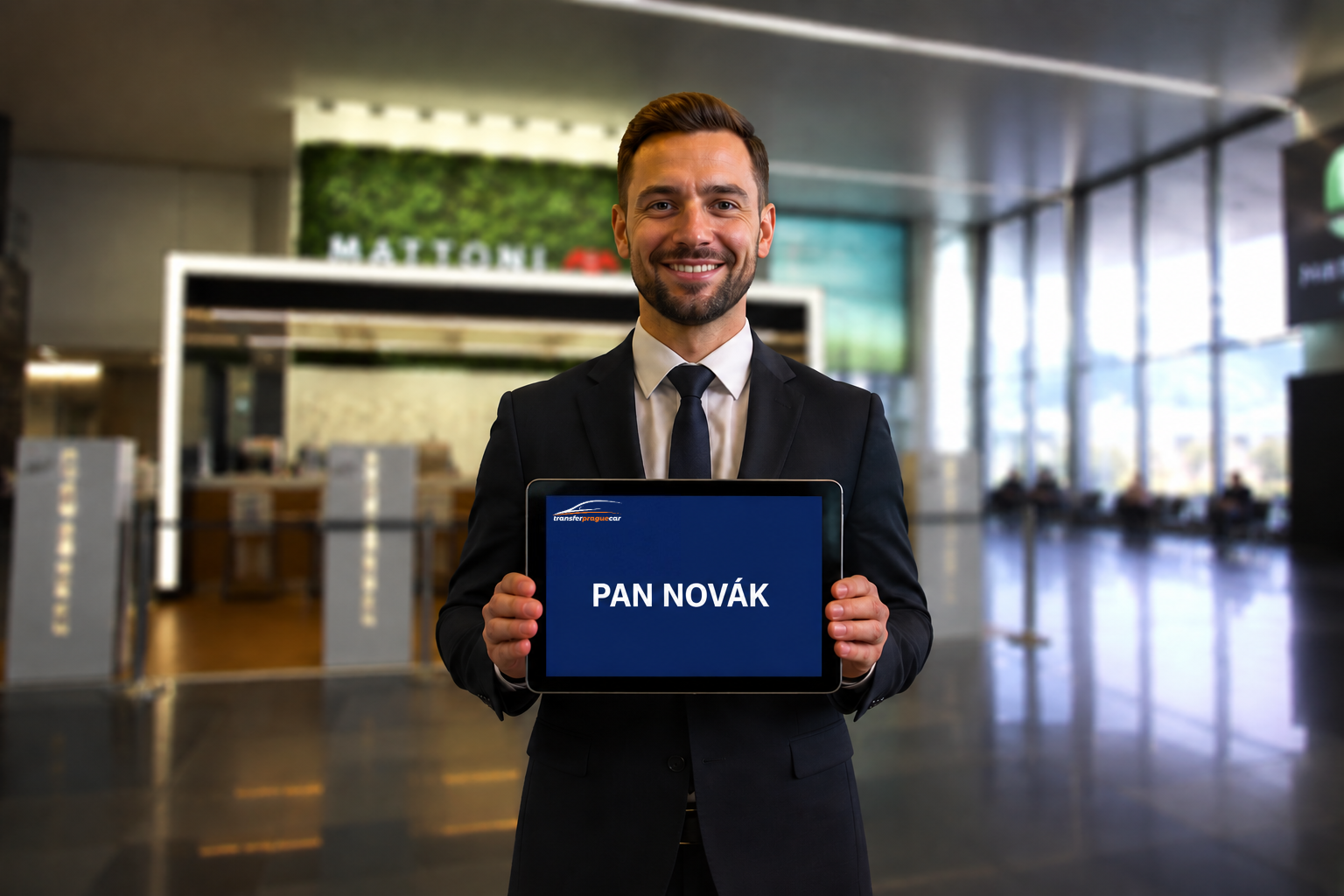 Řidič s cedulkou čeká na zákazníka u výstupu z letiště